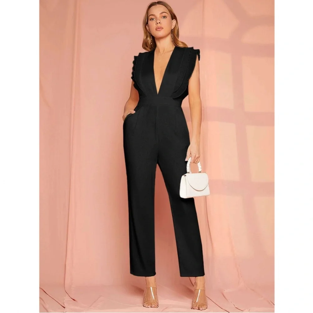 Plunging V Neck Black Jumpsuit Ruffle Detail Sleeveless w/ Pockets - Picture 4 of 8